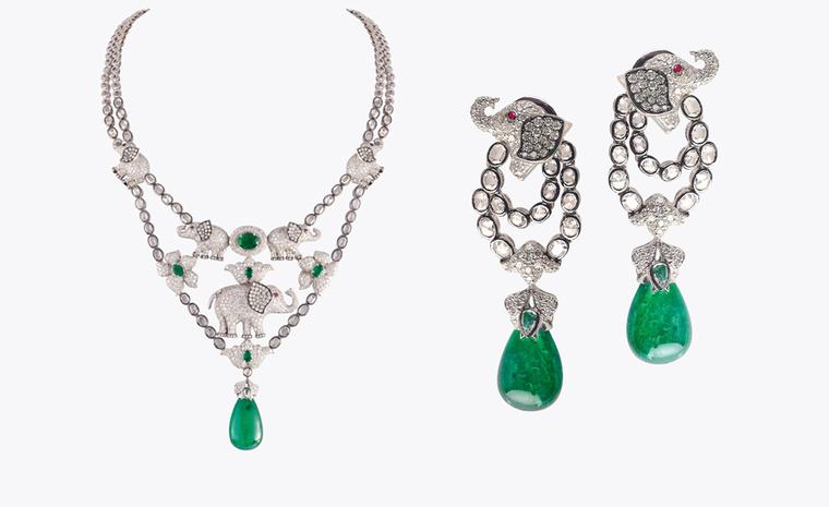 Khanna, New Delhi. Necklace and earrings, Zambian emeralds and diamonds. Sold as a set, price from $40 000.
