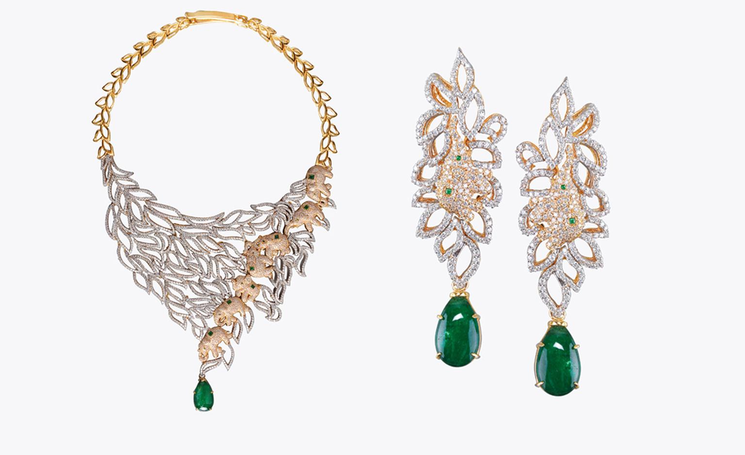 Meena, Hyderabad. Necklace and earrings, Zambian emeralds and diamonds in yellow gold. $60,000.