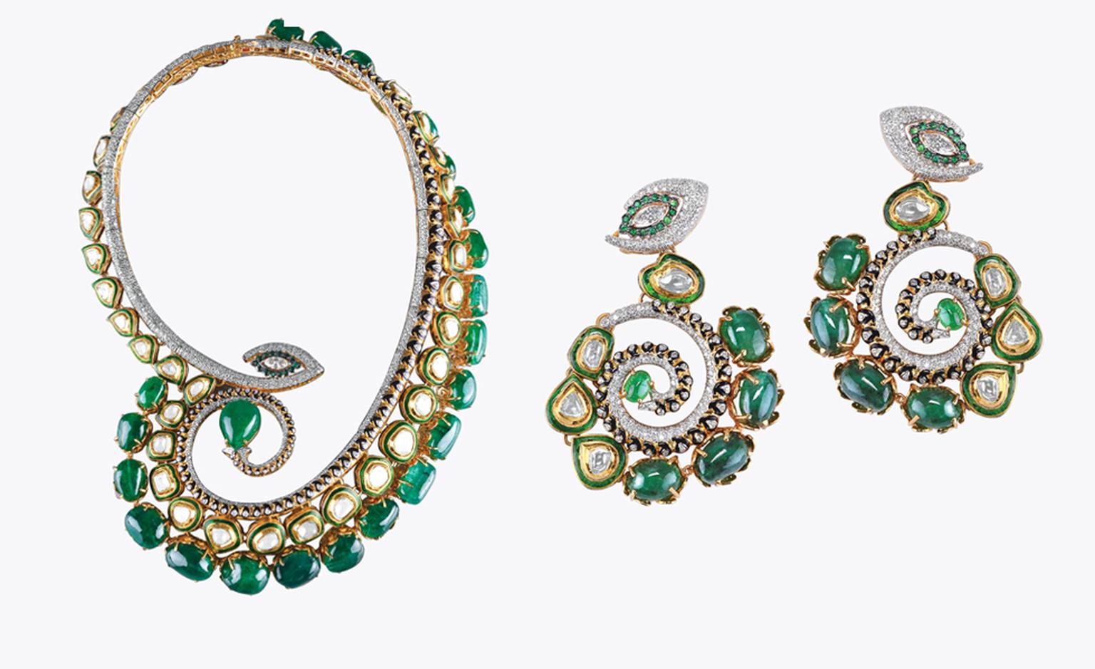 Sawansukha,Kolkata. Necklace and earrings, Zambian emeralds and diamonds in yellow gold. Sold as set, price from $120,00.