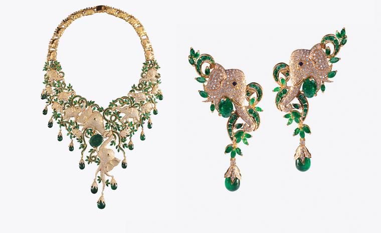 Vummidi Bangaru, Chennai. Necklace and earrings, Zambian emeralds in yellow gold. Sold as a set, price from $120,000.