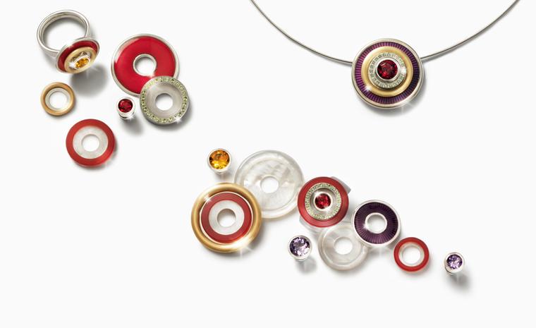 Charlotte Ehinger-Schwarz 1876. Granat-Rot. Earrings, pendants and rings with mother of pearl, gold over sterling silver, peridots set in stainless steel, carnelian over mother of pearl, citrine, amethyst and fire enamel. All pieces sold separat...