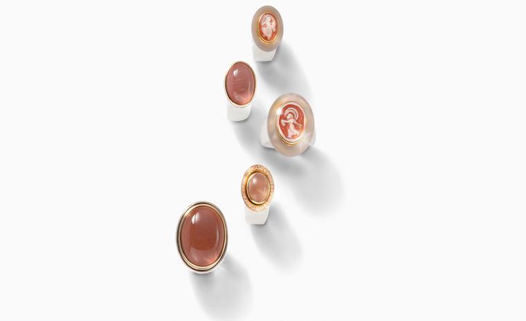 Charlotte Ehinger-Schwarz 1876. Mondsteine. Charlotte Ehinger-Schwarz 1876. Moonstone. White ceramic ring with agate/mother of pearl disc and cameo. Moonstone set in 18 carat gold.  All pieces sold separately. Prices start from £410.