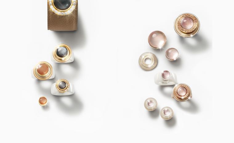 Charlotte Ehinger-Schwarz 1876. Puderfarben-Mondstein-Grau-Orange. White ceramic ring with grey moonstone set in 18k gold. Pair of earrings with rose quartz and agate/mother of pearl of pearl disc. All pieces sold separately. Prices start from £135.