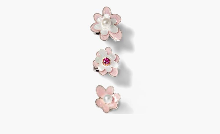 Charlotte Ehinger-Schwarz 1876. Pudrige Bluten. Stainless steel ring with fire enamel flower, mother of pearl flower and fresh water pearl, faceted pink tourmaline set in 18k red gold. All pieces sold separately. Prices start from £347.