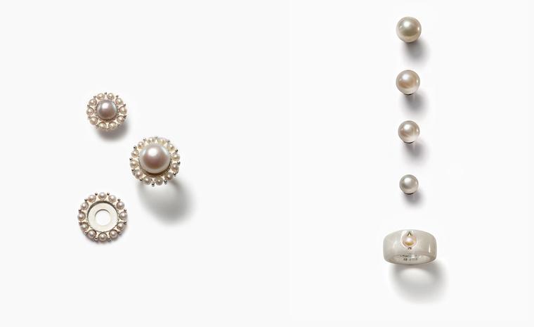 Charlotte Ehinger-Schwarz 1876. Susswasserperlin. Pearl wreath sterling silver. Fresh water pearls. White ceramic ring. All pieces sold separately. Prices start from £70.