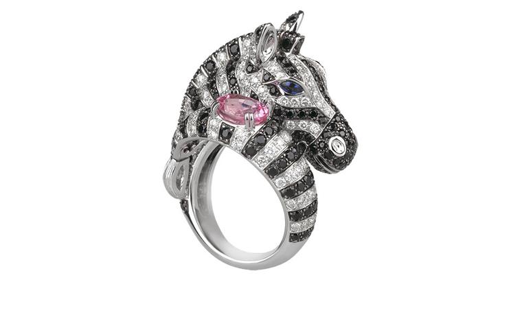 BOUCHERON. Zebra ring. Pink sapphire, black and blue sapphires and white diamonds. Price from  £27,600.