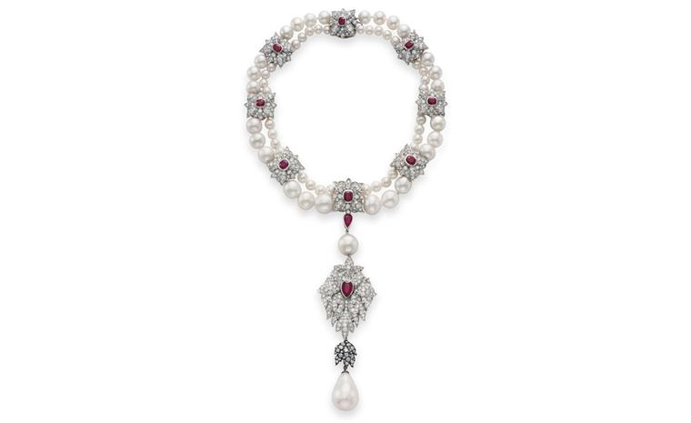 La Peregrina – The Legendary Pearl A 16th Century Pearl Ruby and Diamond Necklace designed by Elizabeth Taylor, with Al Durante of Cartier Gift from Richard Burton, January 23, 1969 Estimate: $2,000,000 – 3,000,000