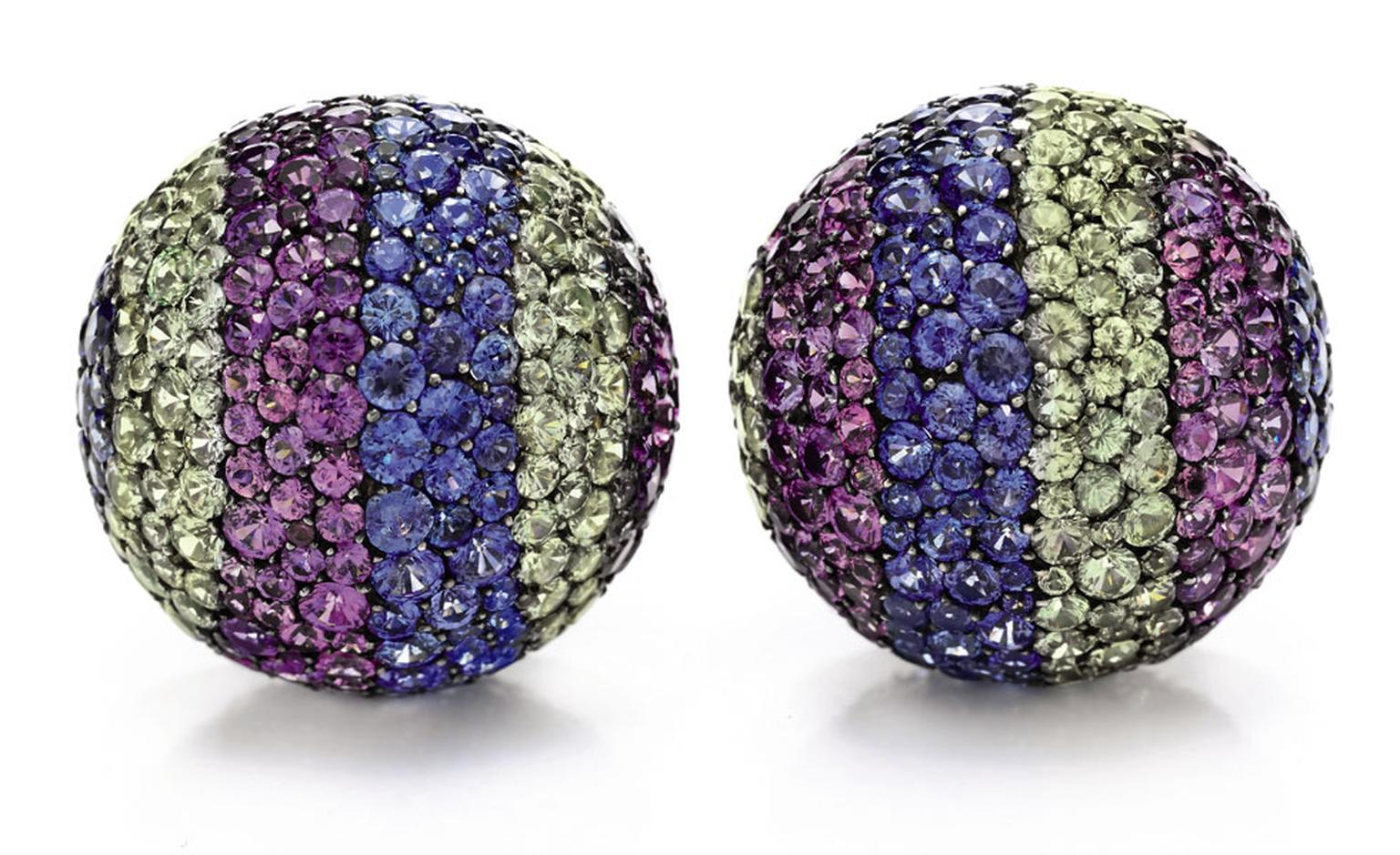 A Pair of Diamond and Multi-Colored Sapphire “Ball” Ear Clips, by JAR Purchased in Paris, December 2001. JAR incorporated varying shades of sapphires to evoke the elusive hue of her eyes. Estimate: $100,000 – 150,000