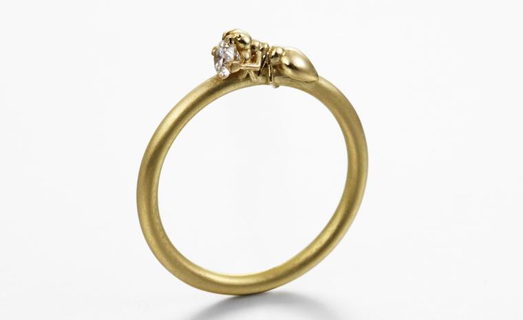 “Smallworkers I” ring in yellow gold with a diamond by recent graduate Frances Wadsworth- Jones. A tiny ant attempts to make off with the gem. Prices start at £710 (depending on the stone)