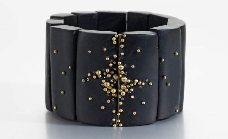 Whitby jet bracelet with gold granulation and champagne diamonds by the award-winning jeweller Jacqueline Cullen and inspired by volcanic eruptions and the flow of lava from crevices. £2,000