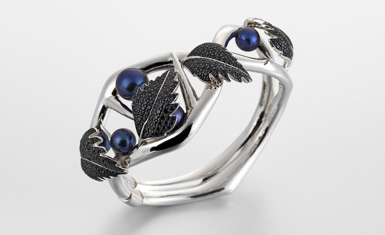 SILVER BLACKTHORN CUFF WITH BLACK SPINEL LEAVES & BLACK PEARLS by Shaun Leane £1,995