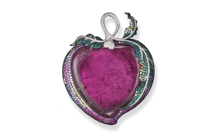 Forbidden Fruit brooch featuring a pink tourmaline, white and yellow diamonds, rubies, emerald, pink sapphires and garnet in platinum and titanium.