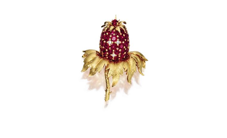Lot 340 18 Karat Gold Ruby and Diaomond Pineapple Brooch. Est. $6,500/8,500. SOLD FOR $12,500.