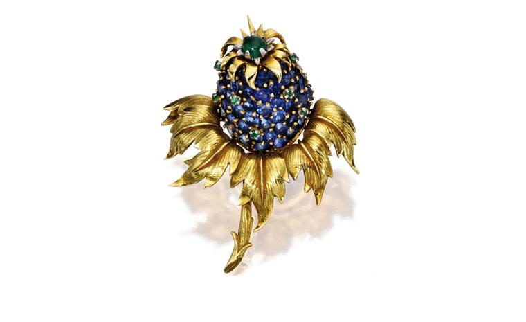 Lot 462 18 Karat Gold Sapphire and Emerald Pinapple Brooch. Est. $5/7,000. SOLD FOR $6,250