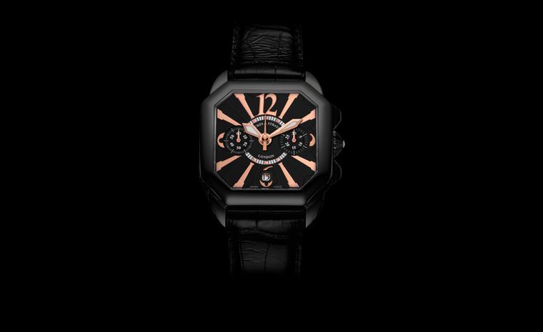 Backes & Strauss. The Berkeley Black Knight Chronograph 43, Limited Edition. Black PVD steel case, black dial, rose gold hand polished Arabic numerals, black rubber or black alligator strap with black PVD steel buckle. Price from £9,000.00.