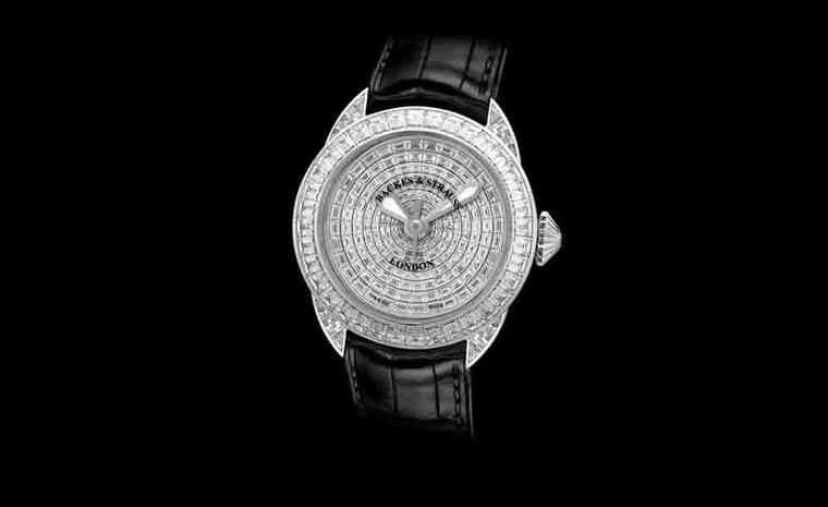 Backes & Strauss. The Piccadilly Prince from The Royal Collection, one of the three Princes, Limited Edition. Individually cut and polished baguette diamonds Hand stitched alligator strap with white gold thread. Price from £235,715.00.