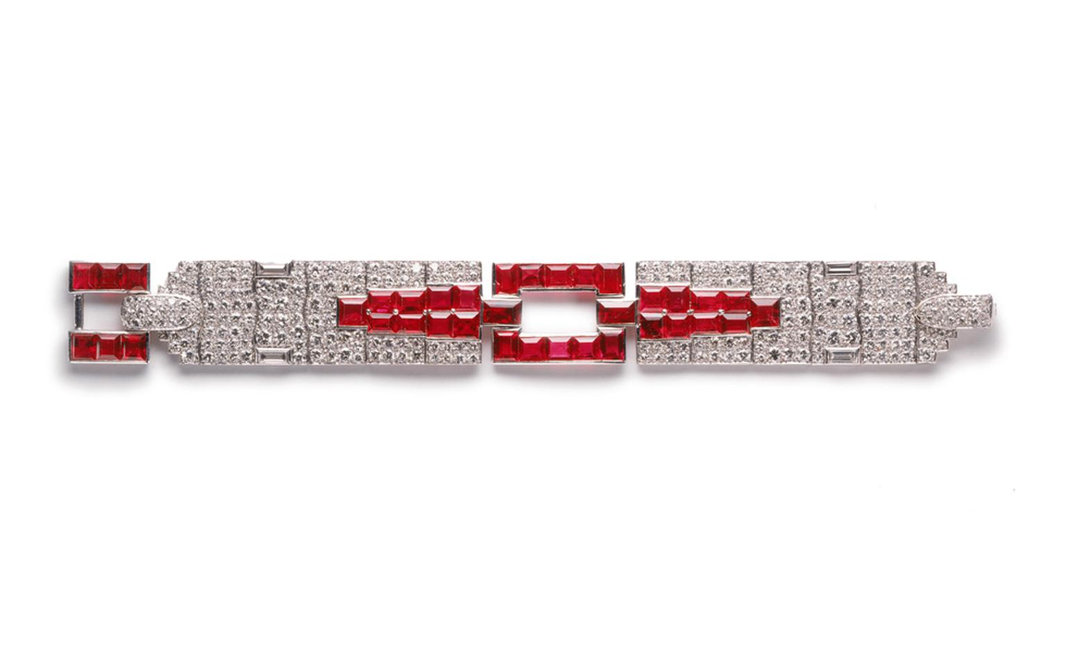 1929 Cartier New York diamond and ruby bracelet made as a special commission and now worn by Madonna at the Venice Film Festival and on the set of W.E. by actress Andrea Riseborough playing Wallis Simpson.