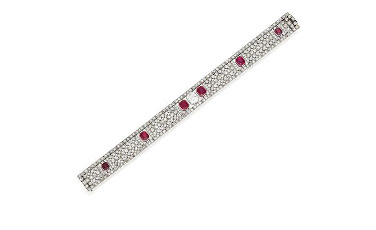 Lot 195. 195 An art deco ruby and diamond bracelet, circa 1930. Estimate £30,000-50,000. SOLD FOR £195.