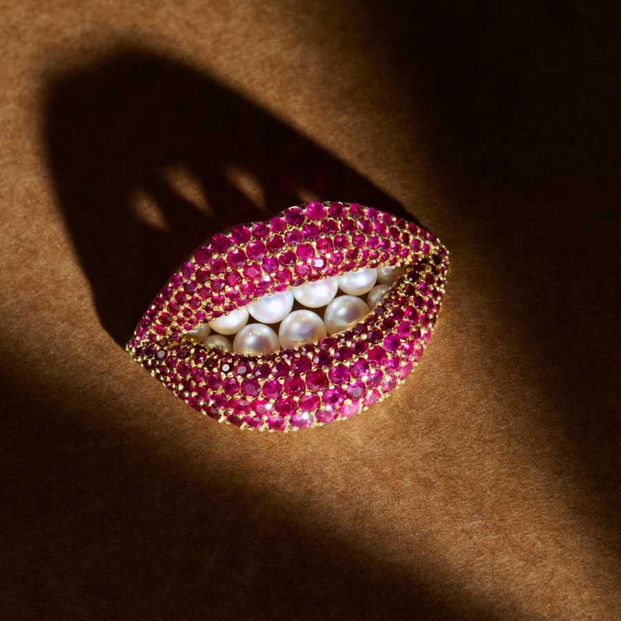 Salvador Dali Henryk Kaston pearl and ruby lips brooch