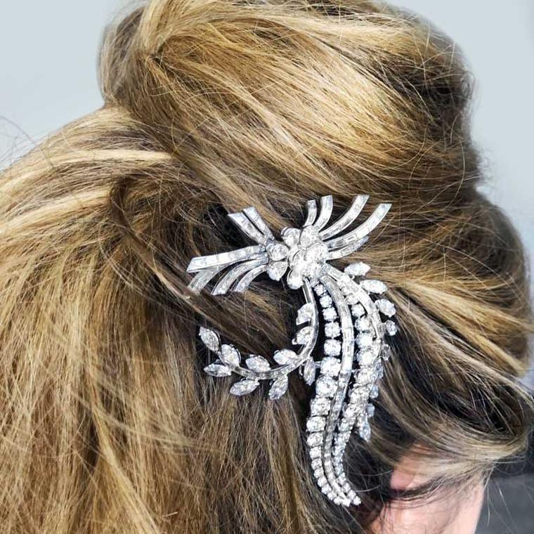 1950 platinum brooch in hair