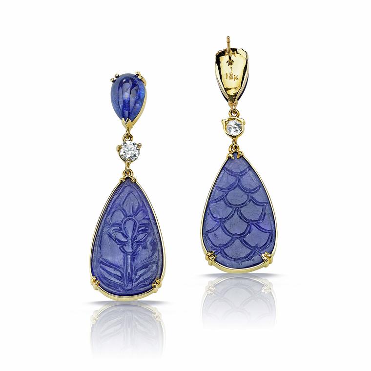 Pamela Huizenga carved tanzanite earrings