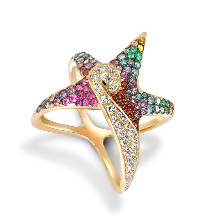 Oseanyx Starfish multi-coloured gemstone ring 