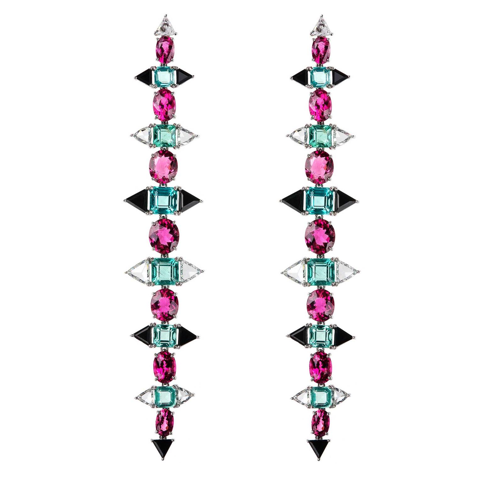 Nikos Koulis Eden collection earrings with-rose-cut diamonds, apatites, rubellites and onyx