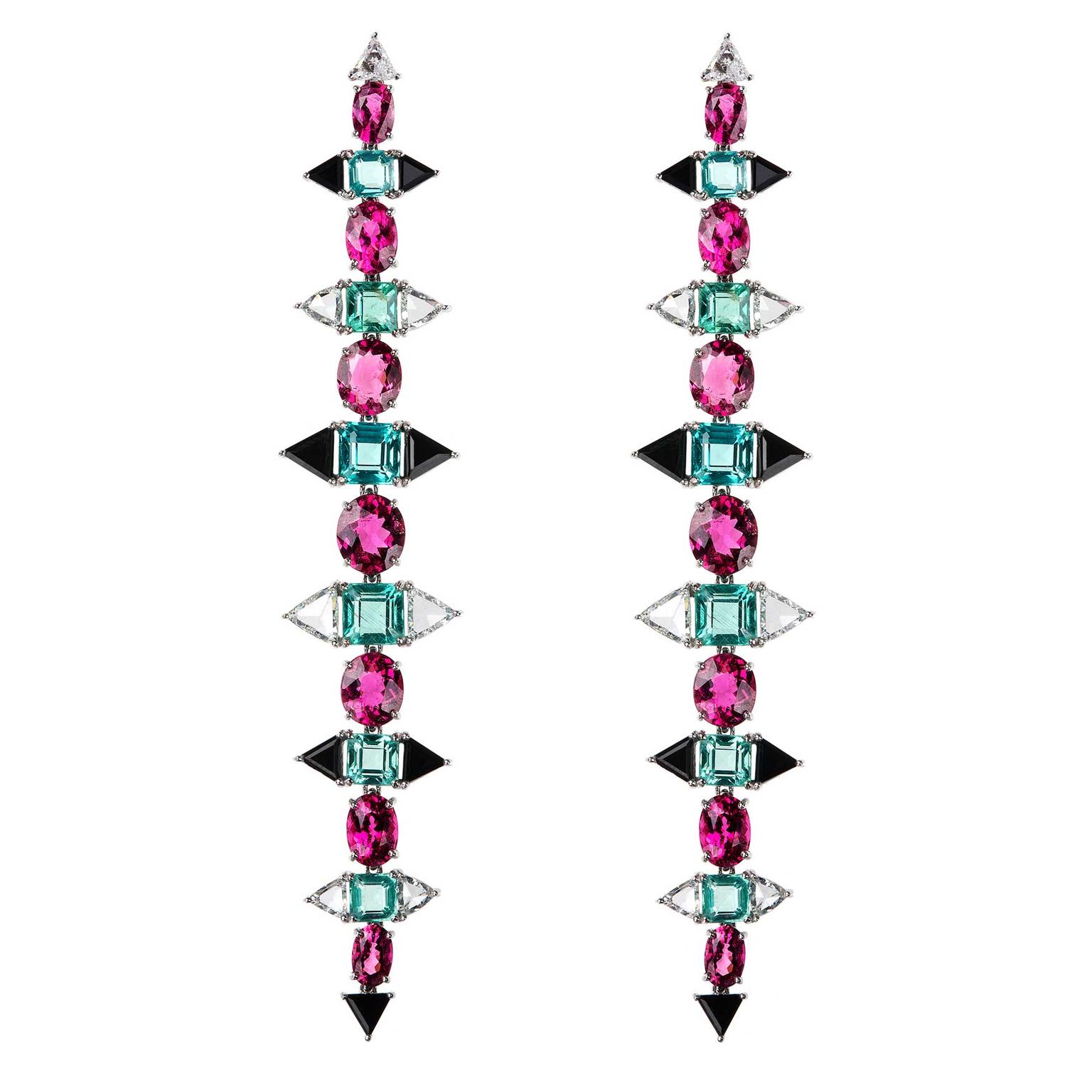 Nikos Koulis Eden collection earrings with-rose-cut diamonds, apatites, rubellites and onyx
