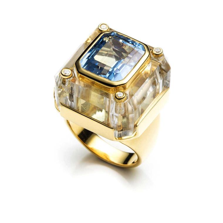Kara Ross Cava ring with rock crystal and blue topaz