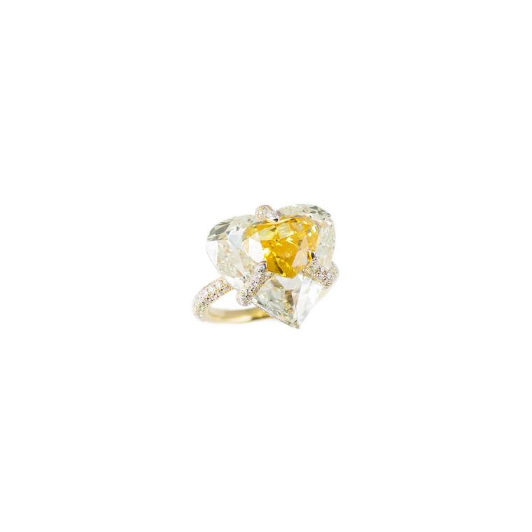 Bogh Art fancy Vivid orange and yellow kissing diamond ring