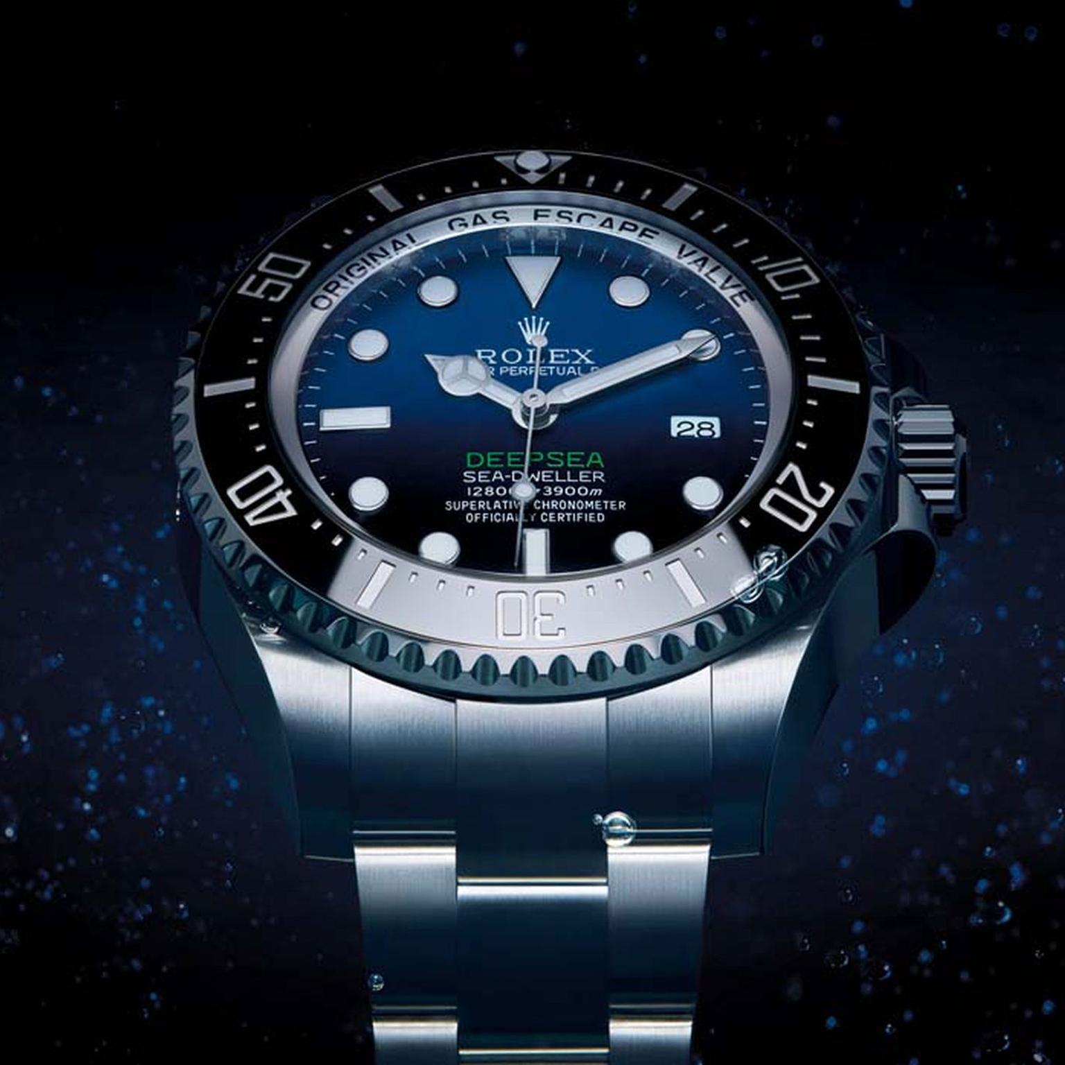 The D-Blue dial on the latest Rolex Deepsea dive watch evokes the changing colours of the water during Cameron’s solo descent. Graduating from a brilliant azure blue at the top of the dial, the colour intensifies and darkens to a bottomless black represen