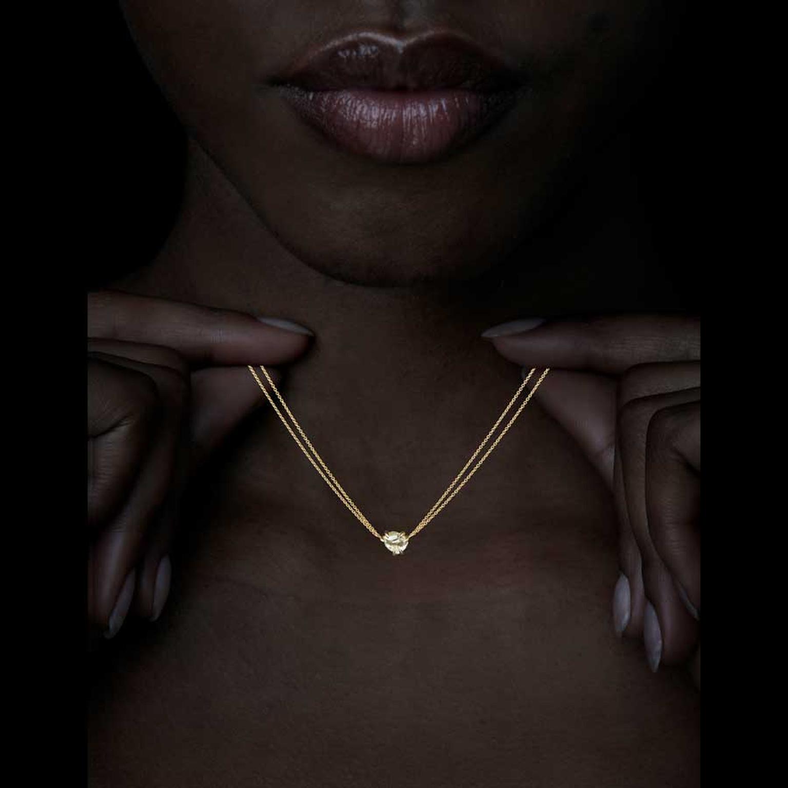 RoughDiamonds.dk1.8 carat natural light yellow rough diamond double chain necklace on model