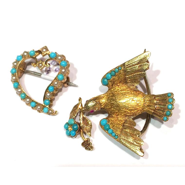 Antique brooches Lowther Antiques Victorian gold and turquoise bird