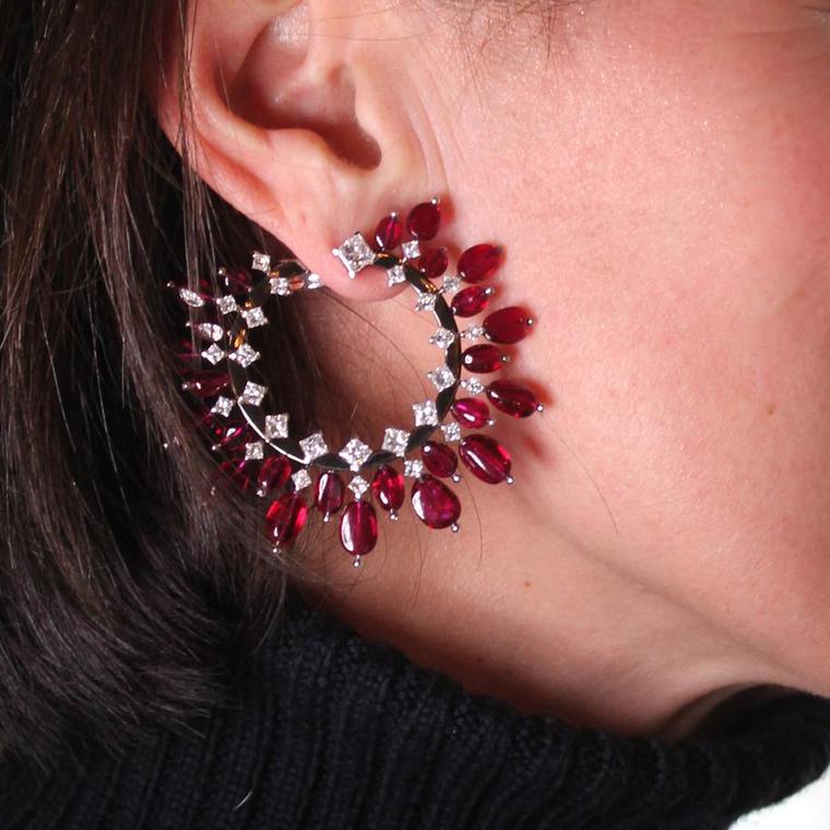 Pigeon’s blood ruby hoop earrings