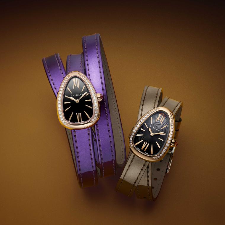 Bulgari Serpenti Twist Your Time ladies watches in gold on metallic leather straps