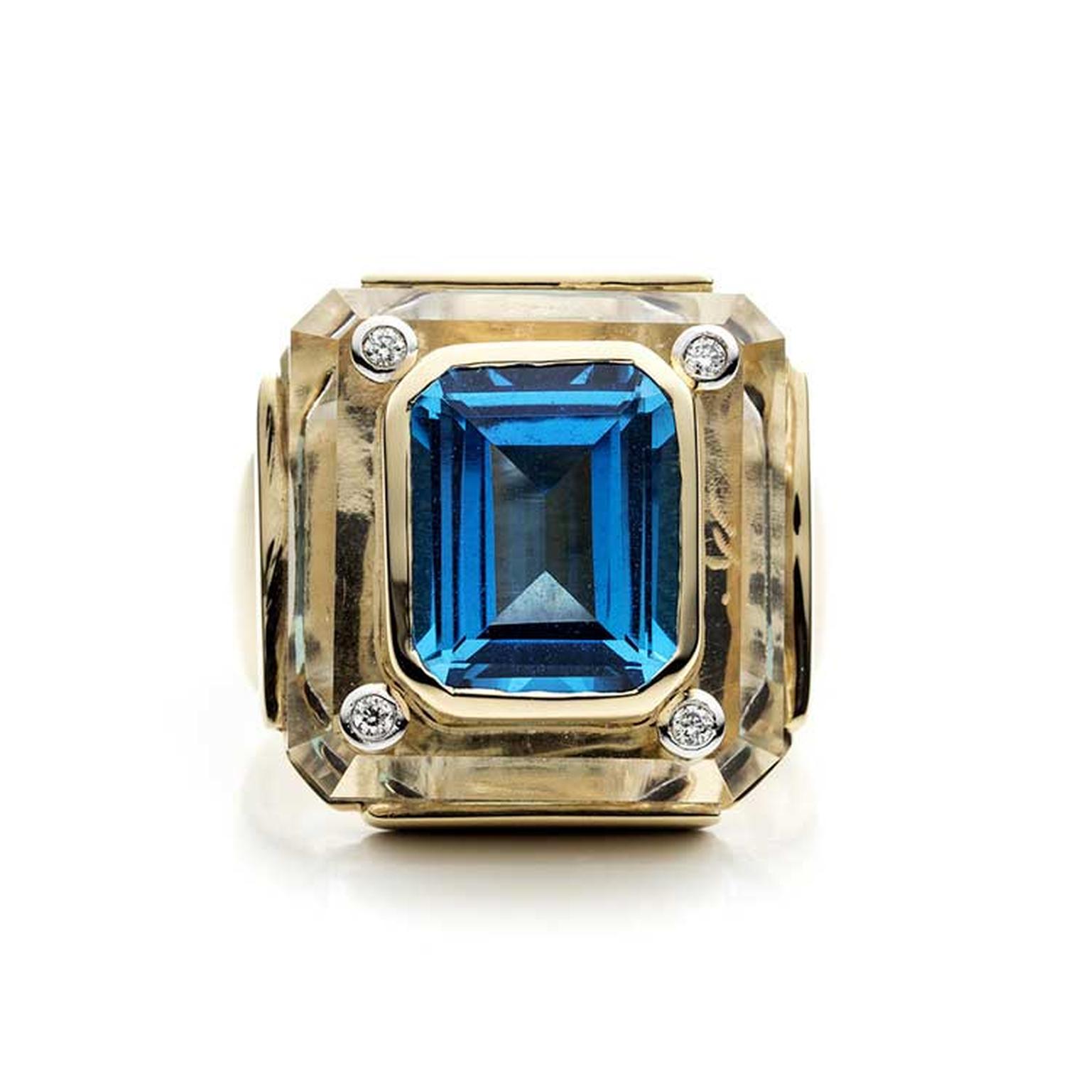 Kara Ross Cava ring in rock crystal with blue topaz front