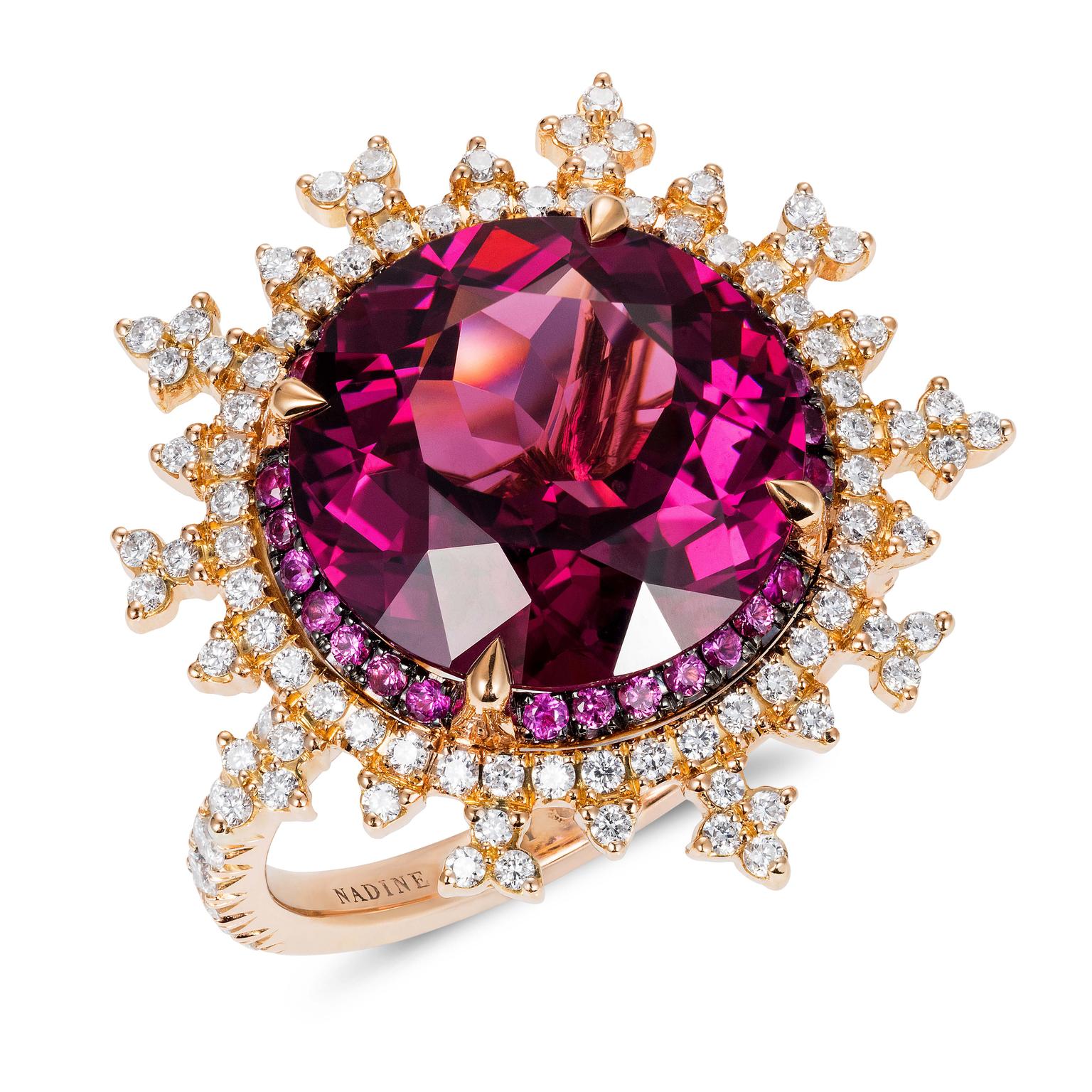 Engagement ring with rhodolite and diamonds from Nadine Aysoy