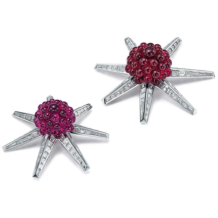 Blue Book diamond brooches with pink tourmaline and rubellite beads