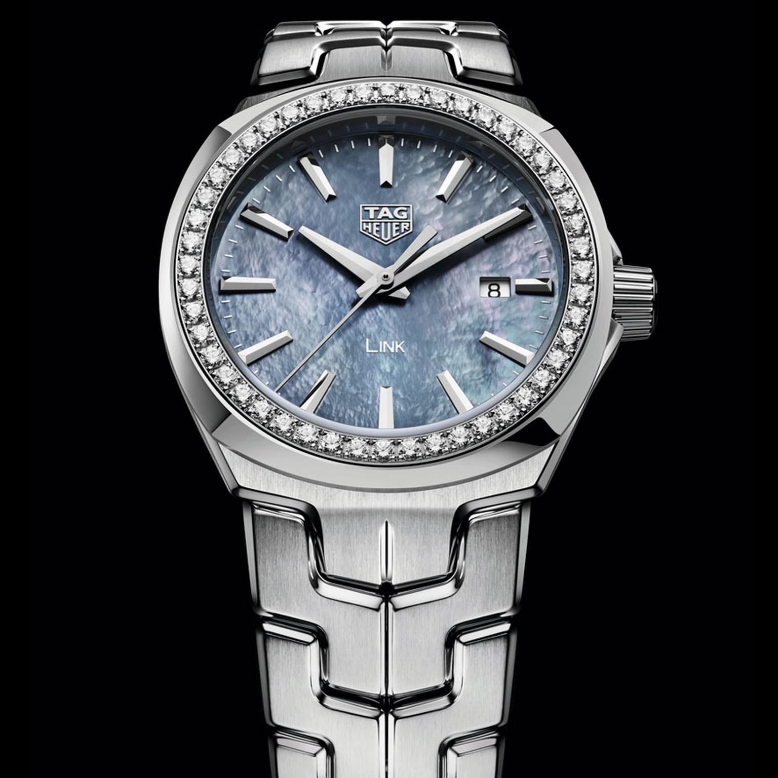 TAG Heuer Lady Link 32mm watch with blue mother of pearl dial and diamonds