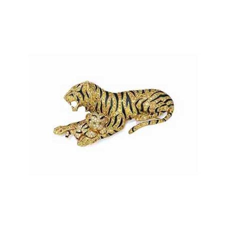Coloured diamond, emerald and enamel tiger and cub brooch