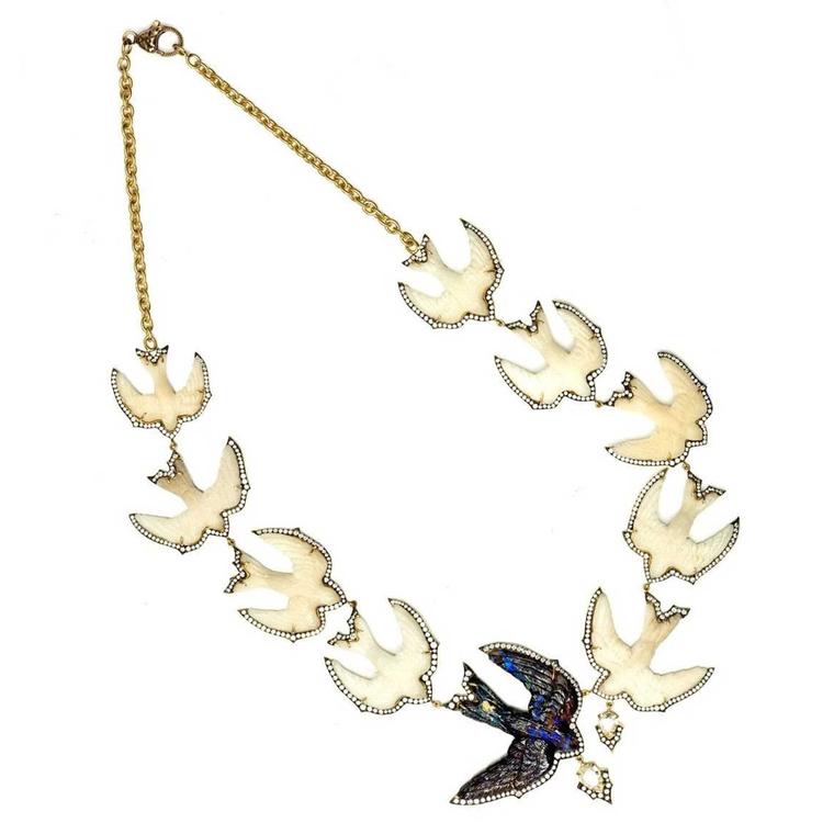 Sylva & Cie Swallow Bird Tagua nut, opal and diamond necklace