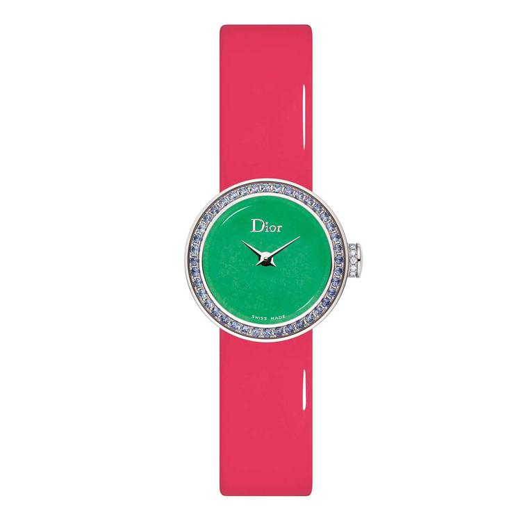 La Mini D de Dior watch with jade dial and purple sapphire bezel