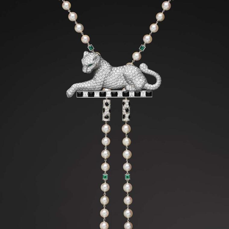 Cartier Panthère de Cartier collection platinum necklace with cultured pearls, onyx, emeralds and diamonds.
