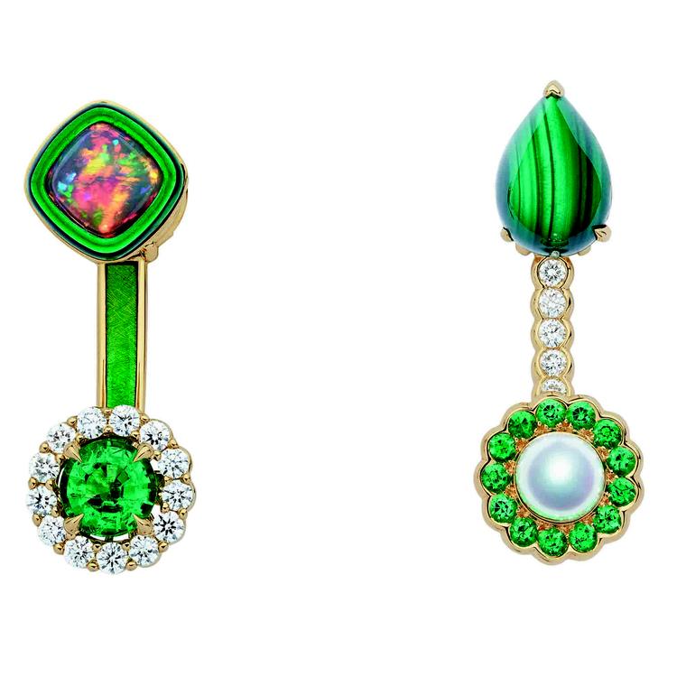 Mismatched Dior et Moi Tribales earrings featuring emeralds