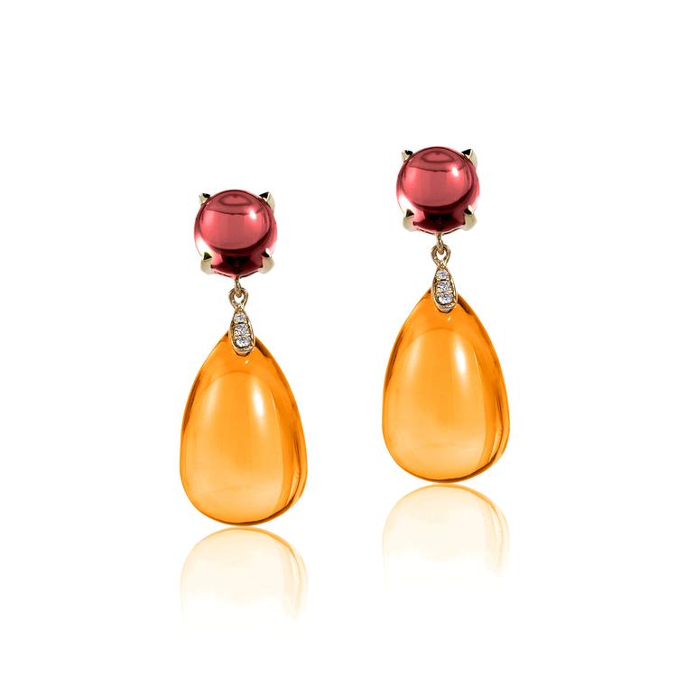 Naughty citrine cabochon drop earrings with garnets