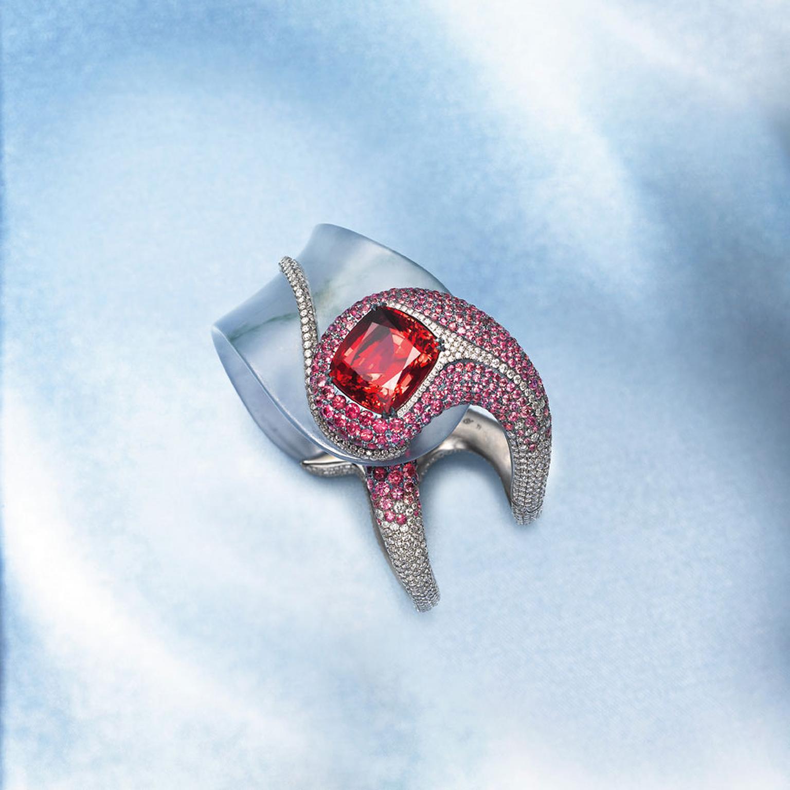 Edmond Chin red spinel, glass jadeite, red and pink spinel and platinum cuff