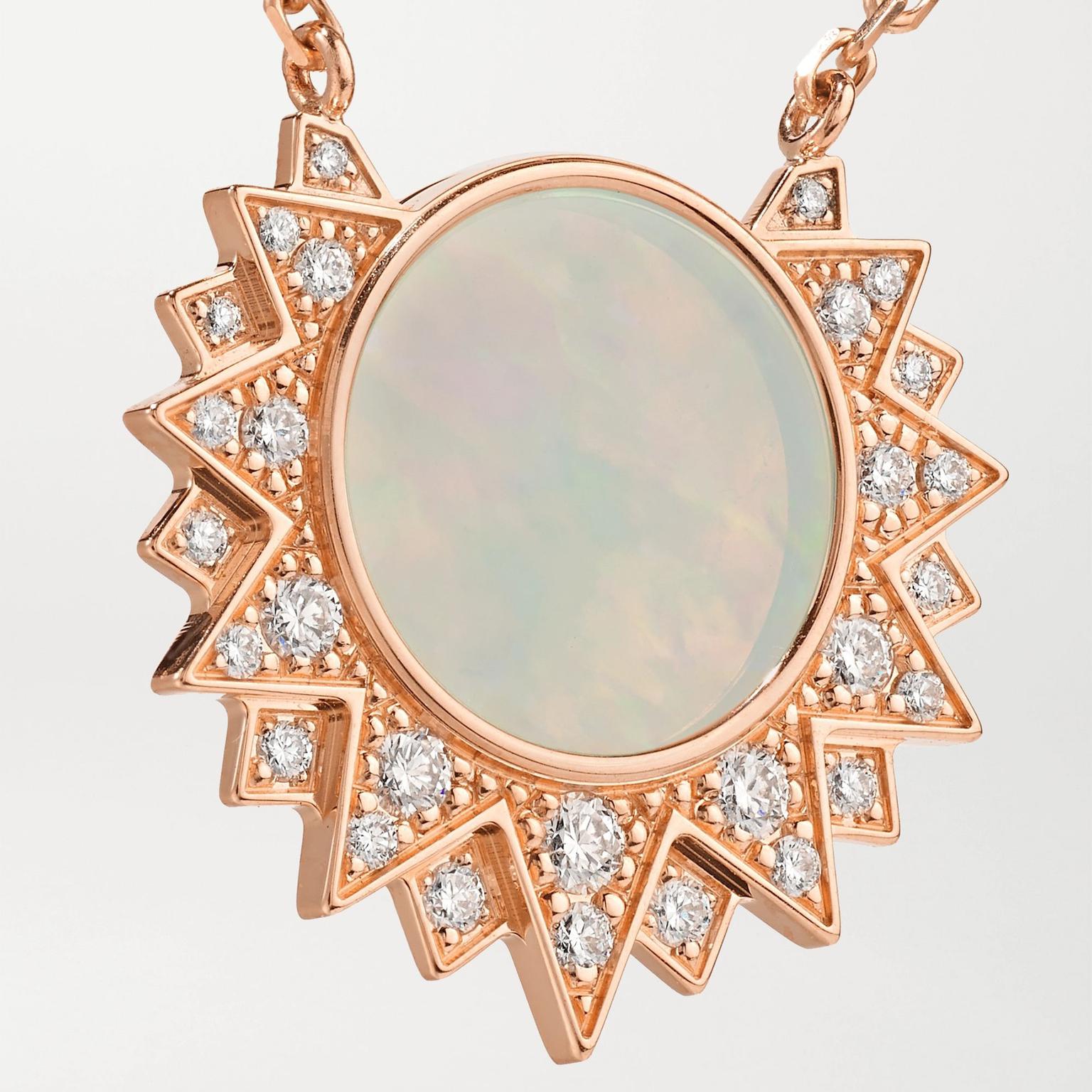 Piaget Sunlight 18-karat rose gold, opal and diamond necklace Close up