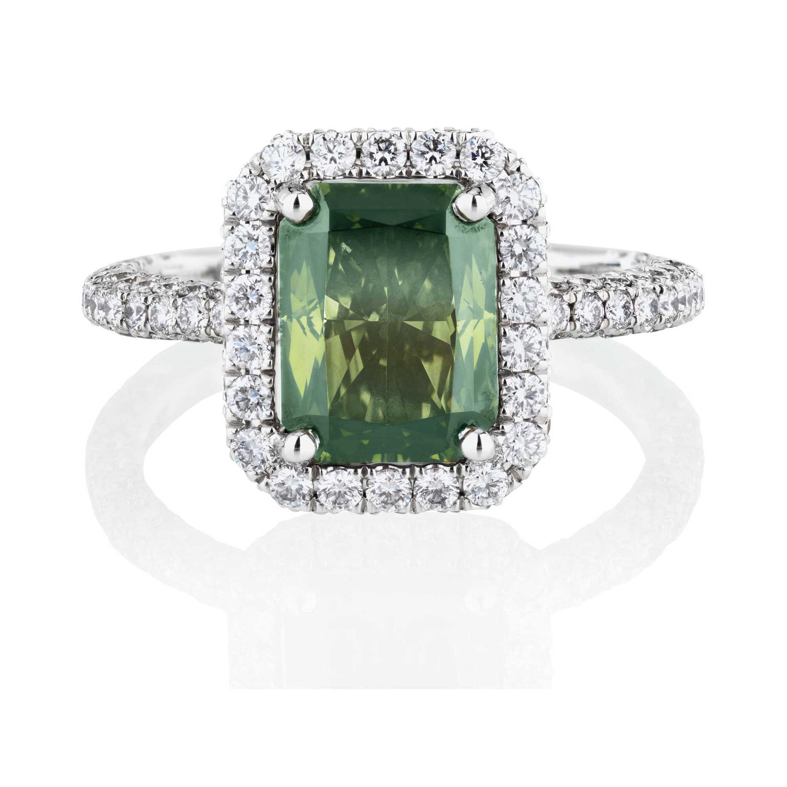 De Beers Aura Fancy Dark yellowish green emerald-cut solitaire ring