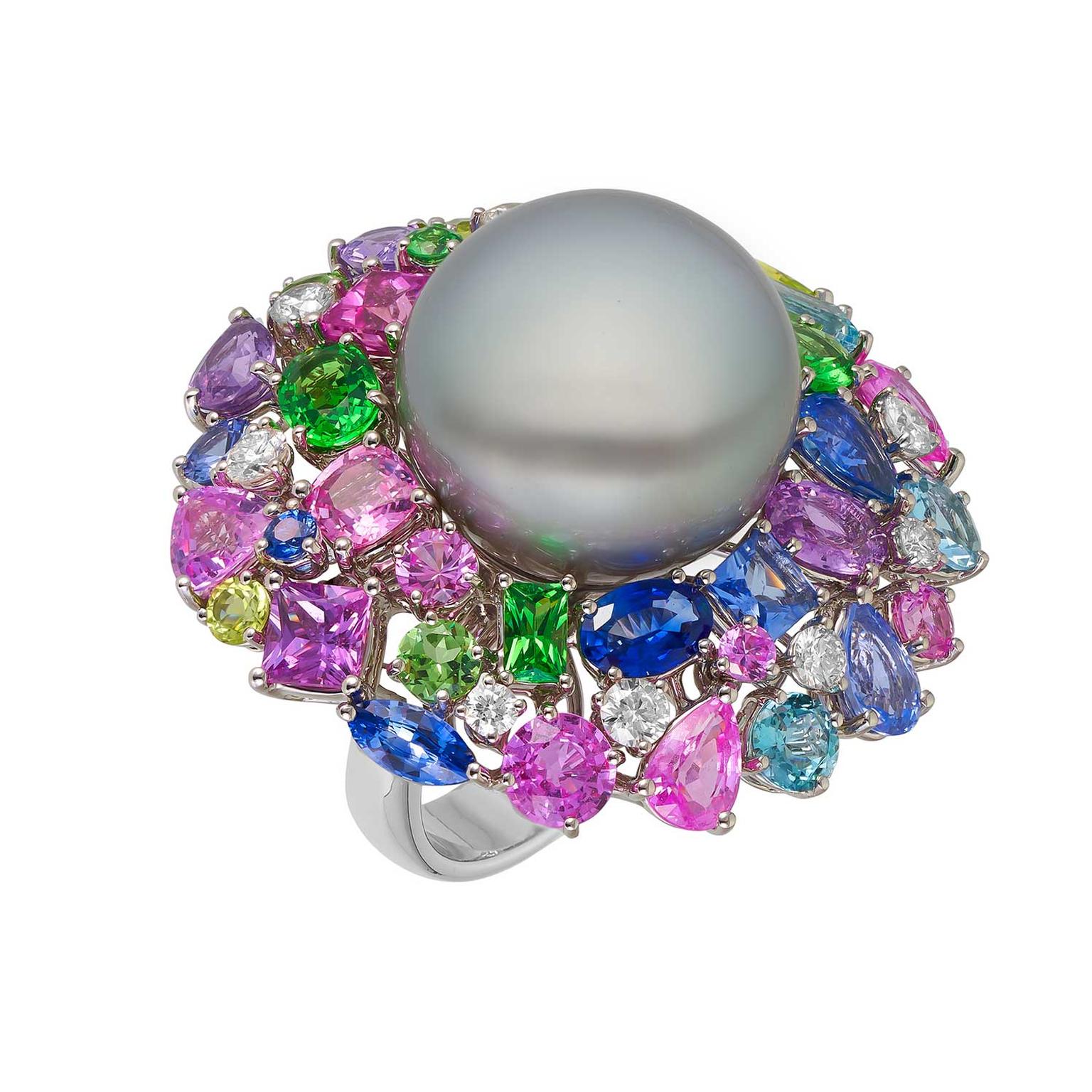 Margot McKinney Hibiscus Tahitian pearl cocktail ring with multi-coloured gemstones and diamonds