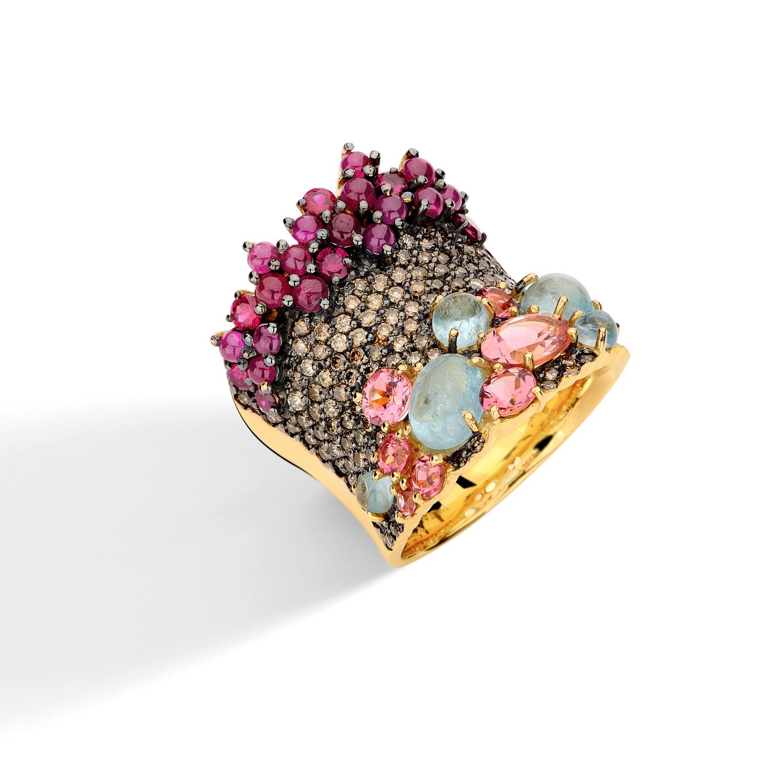 Brumani Baobab brown diamonds, pink tourmaline and aquamarine ring